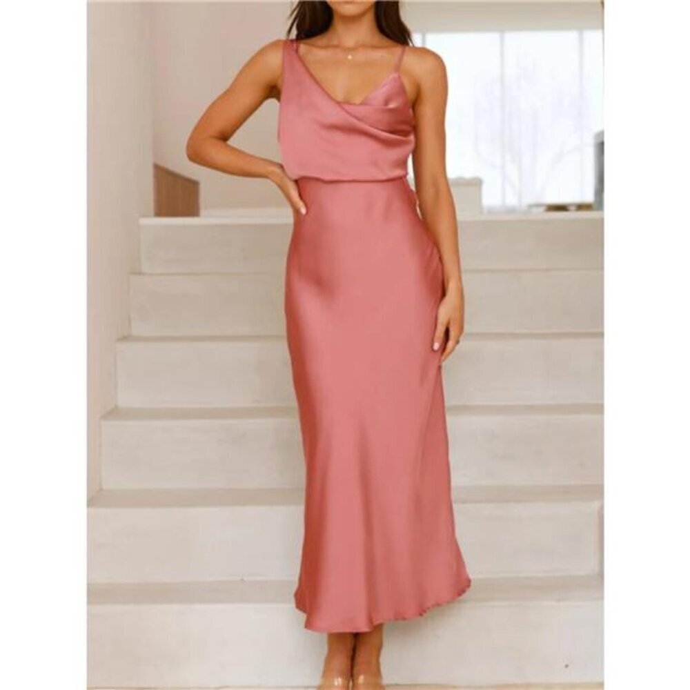 Satin Asymmetrical Midi Dress - Picture 6 of 16